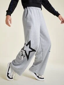 SHEIN Teen Boys' Fashionable Streetwear Style Flame & Star Print Casual Sweatpants, Suitable For Autumn/Winter Daily Wear - Grey - View 4