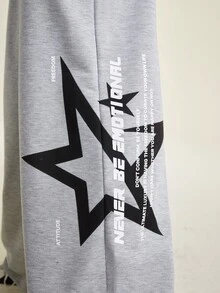SHEIN Teen Boys' Fashionable Streetwear Style Flame & Star Print Casual Sweatpants, Suitable For Autumn/Winter Daily Wear - Grey - View 7