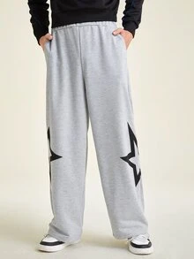 SHEIN Teen Boys' Fashionable Streetwear Style Flame & Star Print Casual Sweatpants, Suitable For Autumn/Winter Daily Wear - Grey - View 5