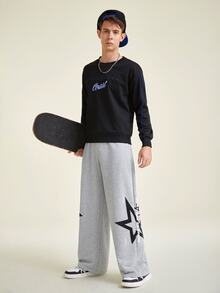SHEIN Teen Boys' Fashionable Streetwear Style Flame & Star Print Casual Sweatpants, Suitable For Autumn/Winter Daily Wear - Grey - View 3