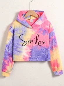 SHEIN Sparklyn Tween Girl Pink And Yellow Hooded Sweatshirt, Atmospheric For Early Autumn School Cute Casual - Purple - View 1