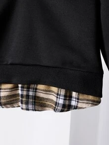 SHEIN 2pcs/Set Young Boy's Casual Preppy Style Outfit, Featuring Unique Plaid Splice Top Paired With Pants. Autumn Fall Birthday - Black - View 4