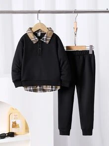 SHEIN 2pcs/Set Young Boy's Casual Preppy Style Outfit, Featuring Unique Plaid Splice Top Paired With Pants. Autumn Fall Birthday - Black - View 3