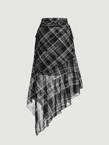 SHEIN MOD Plaid Bowknot Drawstring Asymmetrical Hem Casual Retro Black Skirt - Black - View 2