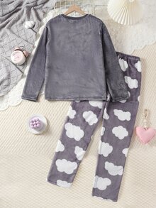 2件組青少年女孩休閒可愛毛絨雲朵圖案長褲套裝，附刺繡睫毛長袖上衣，舒適保暖居家套裝，白色，秋季 - 灰色 - 查看 2