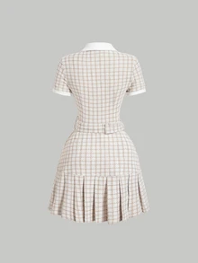SHEIN MOD Vintage Plaid Patchwork Pleated Short Sleeve Dress Back To School Clothes School Outfits Old Money Style - Khaki - View 2