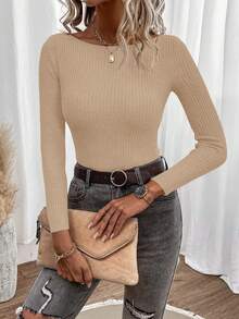 SHEIN Clasi Plus Size Women Apricot V-Neck Long Sleeve Basic Sweater, Pullover For Autumn And Winter - Camel - View 4