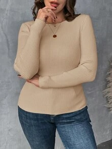 SHEIN Clasi 大码女式杏色 V 领长袖基本款毛衣、套头衫，适合秋冬季 - 駝色 - 查看 5