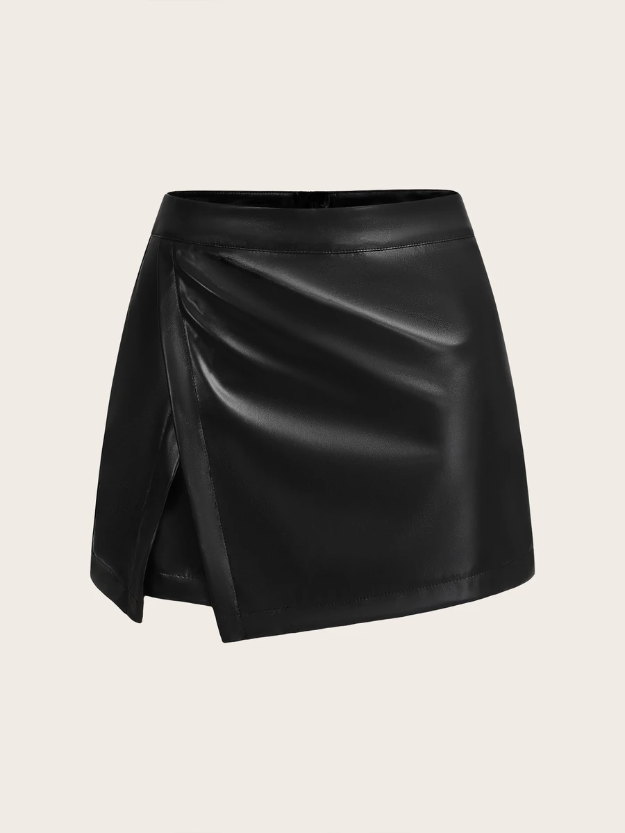 Firerie New Elegant Modern Sexy High-Waisted Slimming PU Skirt Shorts With Design, Suitable For Summer/ Night Black - Black - View 1