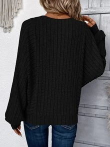 EMERY ROSE Sudadera de manga larga de punto acanalado negro, atuendos para graduación, regreso a la escuela, atuendos de maestros para mujeres, regreso a la escuela en otoño/invierno - Negro - Ver 2