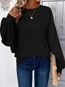 EMERY ROSE Sudadera de manga larga de punto acanalado negro, atuendos para graduación, regreso a la escuela, atuendos de maestros para mujeres, regreso a la escuela en otoño/invierno - Negro - Ver 4