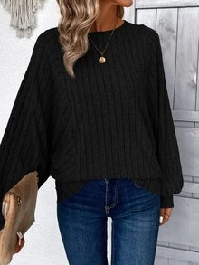 EMERY ROSE Sudadera de manga larga de punto acanalado negro, atuendos para graduación, regreso a la escuela, atuendos de maestros para mujeres, regreso a la escuela en otoño/invierno - Negro - Ver 3