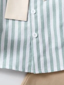 SHEIN 小男孩條紋長袖襯衫與卡其長褲套裝附領帶，休閒紳士秋季穿搭 - 綠色 - 查看 4