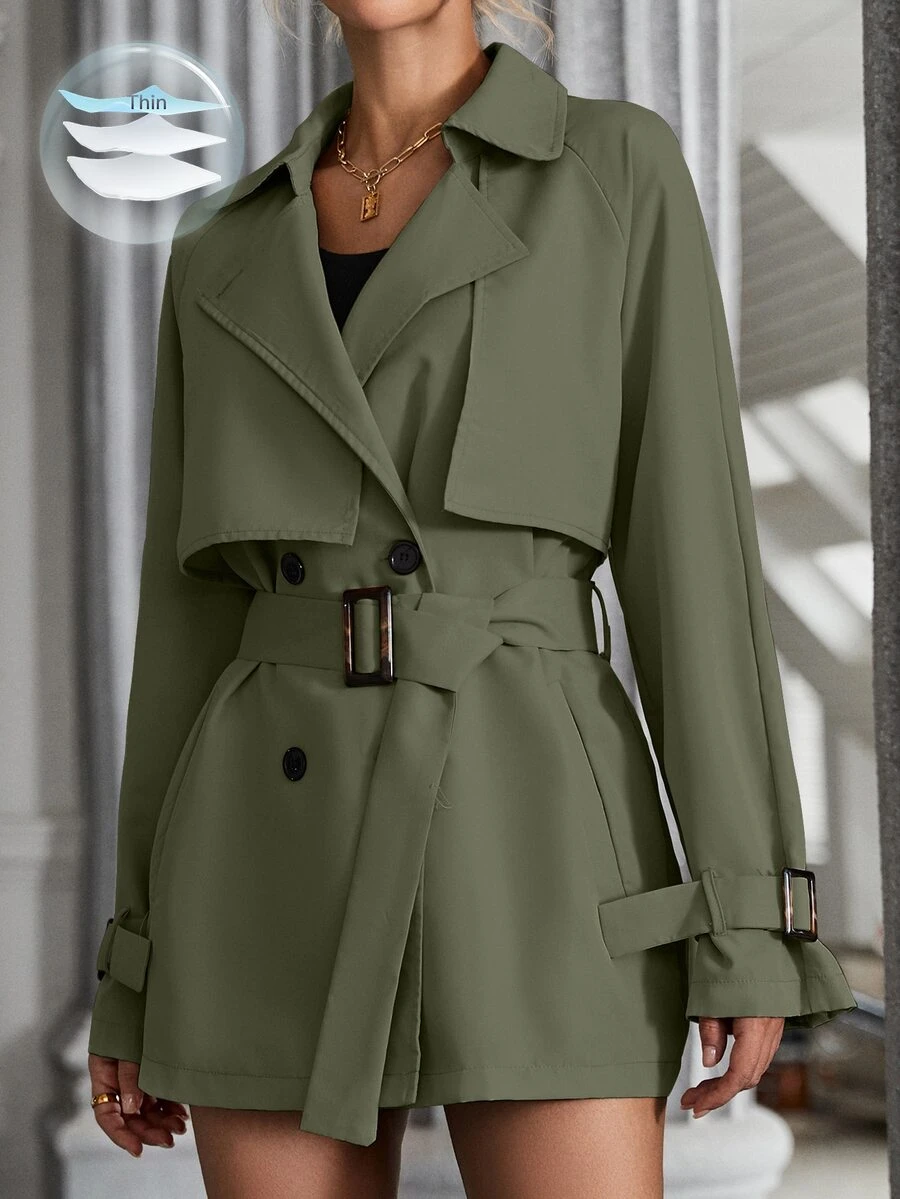 Struktiv Abrigo casual de mujer con cuello de solapa, manga raglán y doble botonadura en unicolor - Verde militar - Ver 1