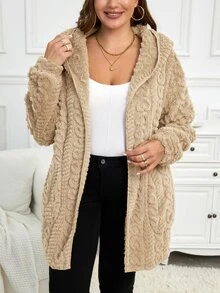 SHEIN LUNE Plus Size Reversible Heart Pattern Fluffy Hooded Jacket, For Winter Fall Autumn - Apricot - View 4