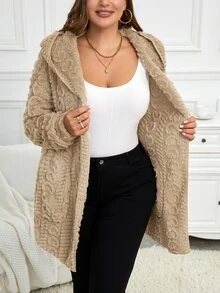 SHEIN LUNE Plus Size Reversible Heart Pattern Fluffy Hooded Jacket, For Winter Fall Autumn - Apricot - View 6