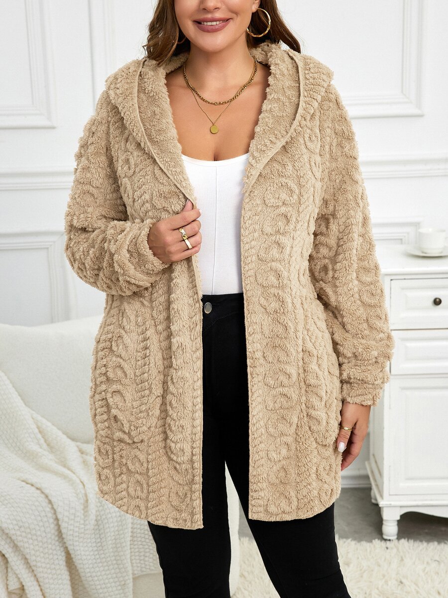 SHEIN LUNE Plus Size Reversible Heart Pattern Fluffy Hooded Jacket, For Winter Fall Autumn - Apricot - View 1