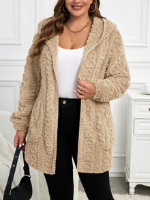 SHEIN LUNE Plus Size Reversible Heart Pattern Fluffy Hooded Jacket, For Winter Fall Autumn - Apricot - View 5