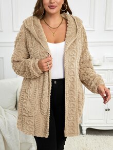 SHEIN LUNE Plus Size Reversible Heart Pattern Fluffy Hooded Jacket, For Winter Fall Autumn - Apricot - View 3