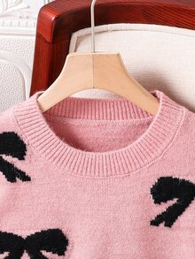Tween Girl Bowknot Sweater, Adorable Pink Bow Knitted Pullover, Loose Fitting Round Neck Jumper Farewell Autumn Cute - Pink - View 6