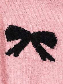Tween Girl Bowknot Sweater, Adorable Pink Bow Knitted Pullover, Loose Fitting Round Neck Jumper Farewell Autumn Cute - Pink - View 5