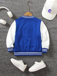 SHEIN Young Boys Autumn Back-To-School Single-Breasted Jacket,Knit Stand Collar Printed Letter Pattern,Contrast Ribbed Cuffs Hem Career Day Jacket - Blue - View 2