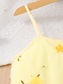 SHEIN 少女花卉刺繡薄紗下擺甜美無袖迷你洋裝，夏季度假休閒熱帶可愛穿搭，淺黃色 - 黃色 - 查看 4