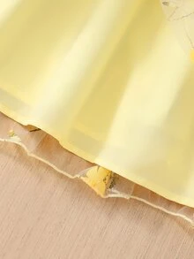 SHEIN 少女花卉刺繡薄紗下擺甜美無袖迷你洋裝，夏季度假休閒熱帶可愛穿搭，淺黃色 - 黃色 - 查看 6