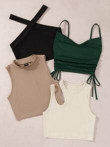 SHEIN Unity 4pcs/Set Solid Color Rib Knit Tank Tops, Summer Fashion - Multicolor - View 7