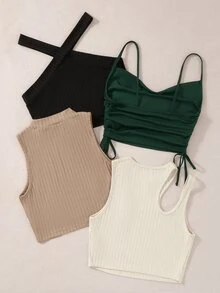 SHEIN Unity 4pcs/Set Solid Color Rib Knit Tank Tops, Summer Fashion - Multicolor - View 3