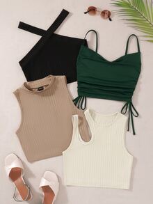 SHEIN Unity 4pcs/Set Solid Color Rib Knit Tank Tops, Summer Fashion - Multicolor - View 2