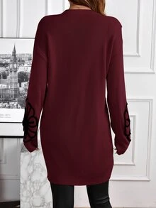 EMERY ROSE Women Cold Shoulder Long Sleeve Embroidered Knit Sweater Dress In Autumn Formal Party Going Out Black Floral Elegant Casual - Burgundy - View 2