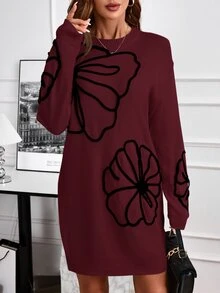 EMERY ROSE Women Cold Shoulder Long Sleeve Embroidered Knit Sweater Dress In Autumn Formal Party Going Out Black Floral Elegant Casual - Burgundy - View 7