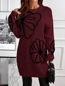 EMERY ROSE 女款露肩長袖刺繡針織毛衣洋裝，黑色花卉，優雅休閒，適合秋季正式派對與外出 - 酒紅色 - 查看 1