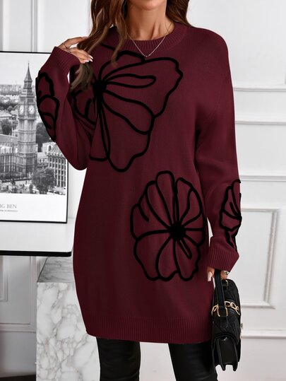 EMERY ROSE Women Cold Shoulder Long Sleeve Embroidered Knit Sweater Dress In Autumn Formal Party Going Out Black Floral Elegant Casual