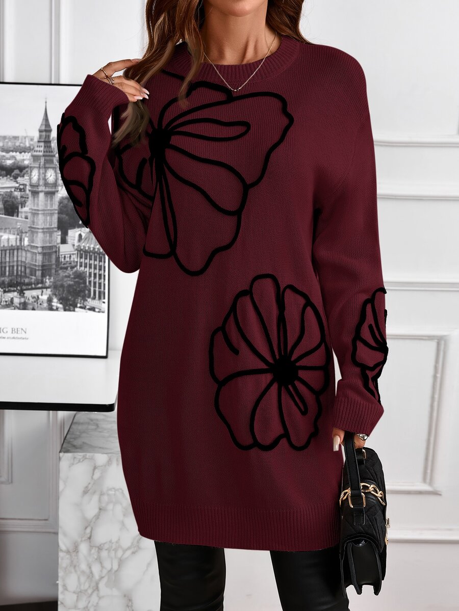 EMERY ROSE 女款露肩長袖刺繡針織毛衣洋裝,黑色花卉,優雅休閒,適合秋季正式派對與外出 - 酒紅色 - 查看 1