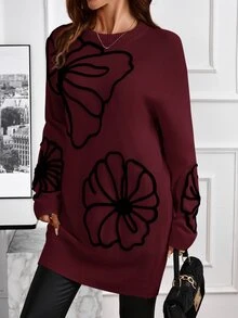 EMERY ROSE Women Cold Shoulder Long Sleeve Embroidered Knit Sweater Dress In Autumn Formal Party Going Out Black Floral Elegant Casual - Burgundy - View 4