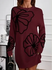 EMERY ROSE Women Cold Shoulder Long Sleeve Embroidered Knit Sweater Dress In Autumn Formal Party Going Out Black Floral Elegant Casual - Burgundy - View 6