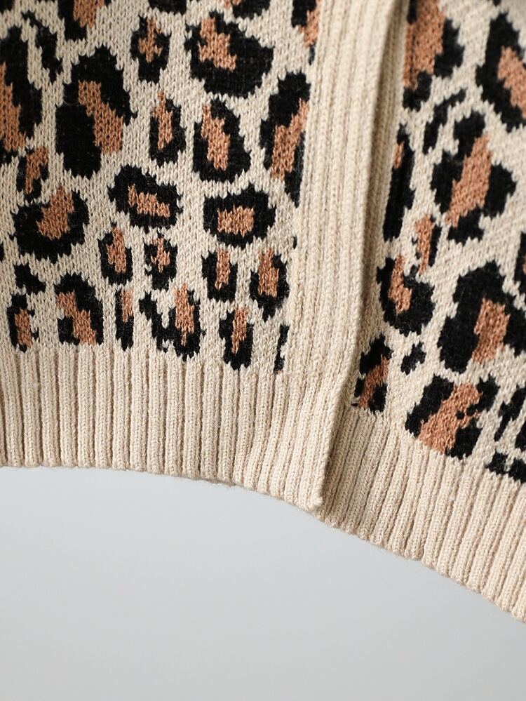 SHEIN Tween Girls Cute Leopard Animal Print Knit Cardigan, Long Sleeve Beige Soft Sweater With Bow Button, Short Hem For Back-To-School, Autumn, Holiday - Apricot - View 6