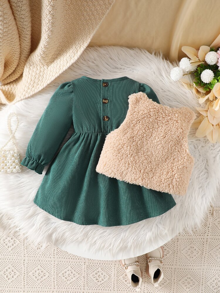 SHEIN 2 件套女婴复古风格服装套装：蓬松背心夹克 + 灯芯绒泡泡袖连衣裙，温暖休闲的日常穿着，优雅触感，适合秋冬季 - 綠色 - 查看 2