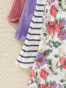 SHEIN 4件裝少女休閒百搭花卉羅紋印花素色喇叭褲，適合學校、校園、大學時尚，秋冬彩虹紫 - 彩色 - 查看 3