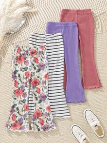 SHEIN 4件裝少女休閒百搭花卉羅紋印花素色喇叭褲，適合學校、校園、大學時尚，秋冬彩虹紫 - 彩色 - 查看 2