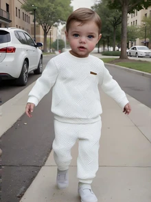 SHEIN 2pcs Baby Boy's Off-White Autumn Casual Vacation Comfortable Knitted Fabric Texture Letter Patched Long Sleeve Sweatshirt & Elastic Sweatpants Set - White - View 4