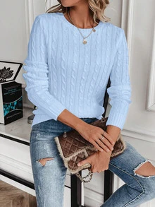 EMERY ROSE Women's Solid Color Round Neck Long Sleeve Casual Pullover Sweater, Autumn/Winter Knit Pullover Fall - Blue - View 4