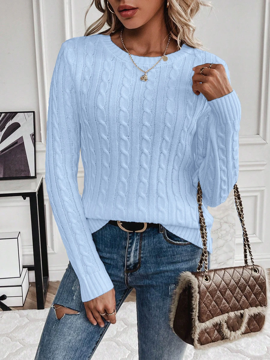 EMERY ROSE Women's Solid Color Round Neck Long Sleeve Casual Pullover Sweater, Autumn/Winter Knit Pullover Fall - Blue - View 1