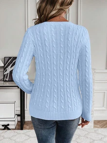 EMERY ROSE Women's Solid Color Round Neck Long Sleeve Casual Pullover Sweater, Autumn/Winter Knit Pullover Fall - Blue - View 2