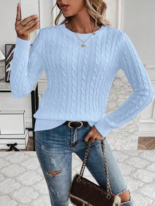 EMERY ROSE Women's Solid Color Round Neck Long Sleeve Casual Pullover Sweater, Autumn/Winter Knit Pullover Fall - Blue - View 3
