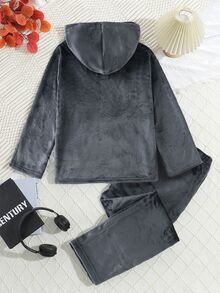 2pcs Teen Boy Navy Simple Solid Color Fleece Long Sleeve Hoodie Sweatshirt & Pants & Lounge Set Pocket Fall Autumn/Winter Soft Cozy Cute Indoor - Multicolor - View 2