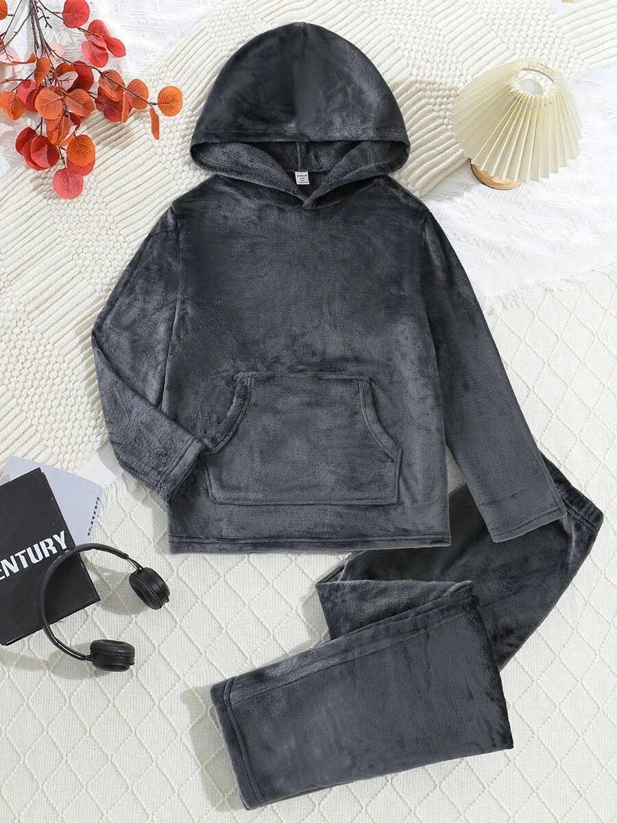 2pcs Teen Boy Navy Simple Solid Color Fleece Long Sleeve Hoodie Sweatshirt & Pants & Lounge Set Pocket Fall Autumn/Winter Soft Cozy Cute Indoor - Multicolor - View 1