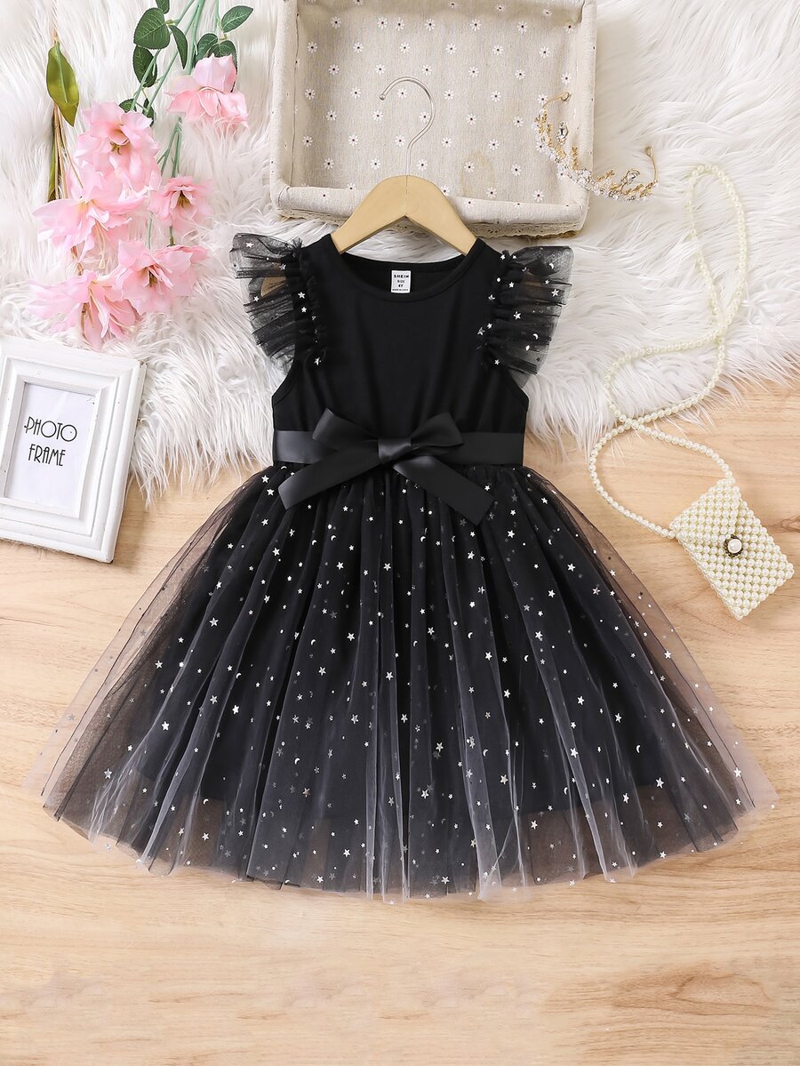 SHEIN Young Girl Fashion Party Birthday Gift Star Mesh Overlay Dress New Year Christmas Black Summer Princess Fairy - Black - View 1